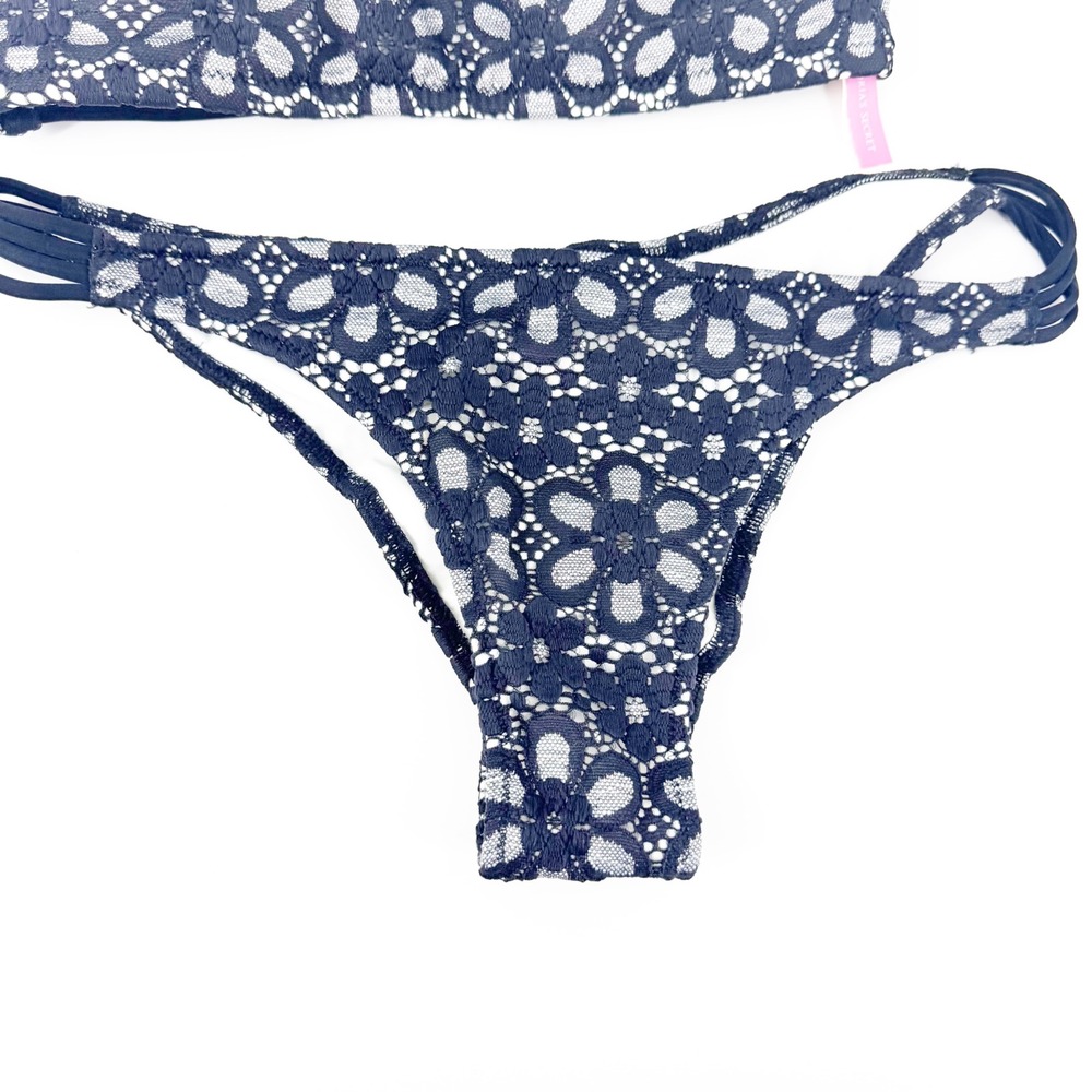 Victoria's Secret BLACK White Floral Lace Bandeau Bikini Set Strappy Midi L M - Picture 2 of 8